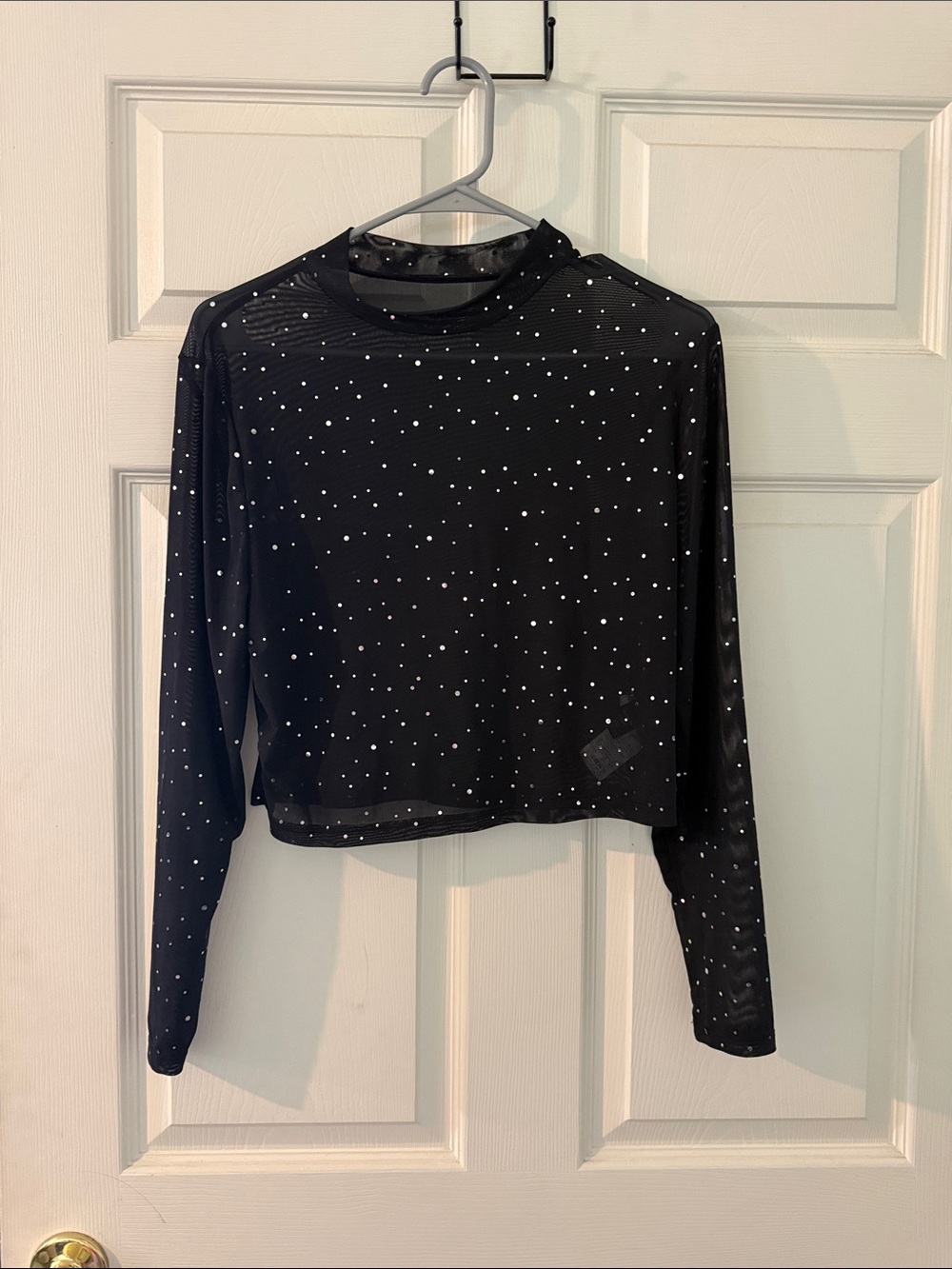 SHEIN Black Sheer Long-Sleeve Crop Top with Sparkle Dots